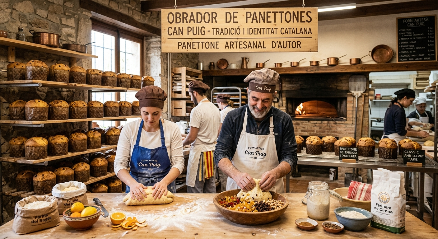 Panadería artesanal con panaderos preparando panettone sobre mesa con harina, frutas y letrero de “Can Puig”.